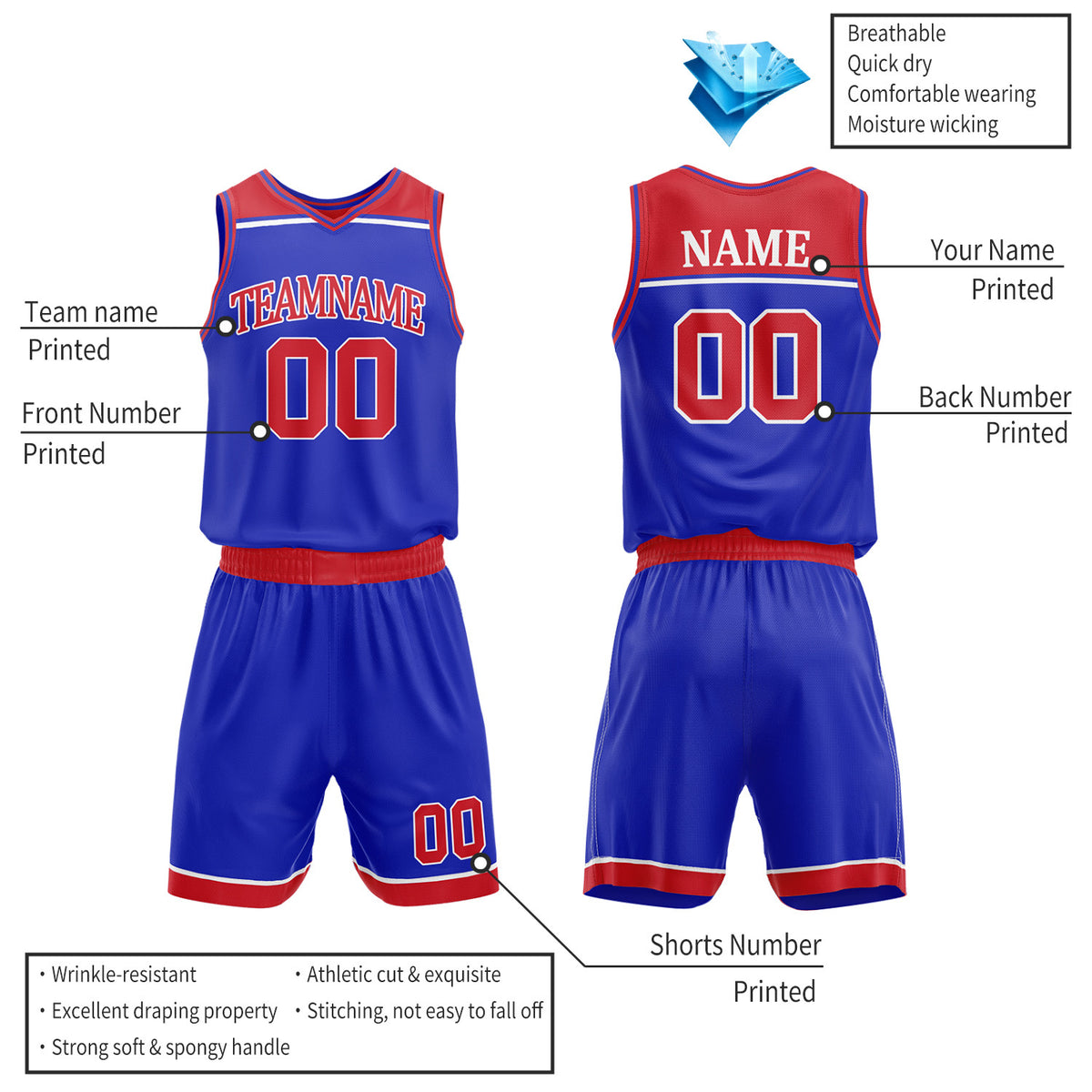 Custom Red & Royal Blue Double Sided Basketball Jersey Set | Wholesale Team Uniform