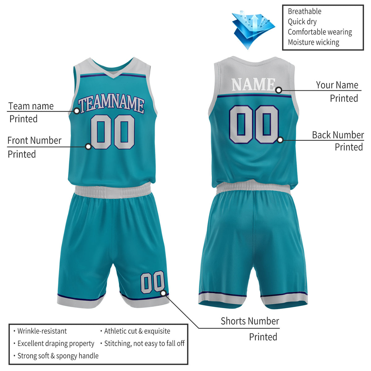 Custom Teal & Light Gray Double Sided Basketball Jersey Set | Wholesale Team Uniform