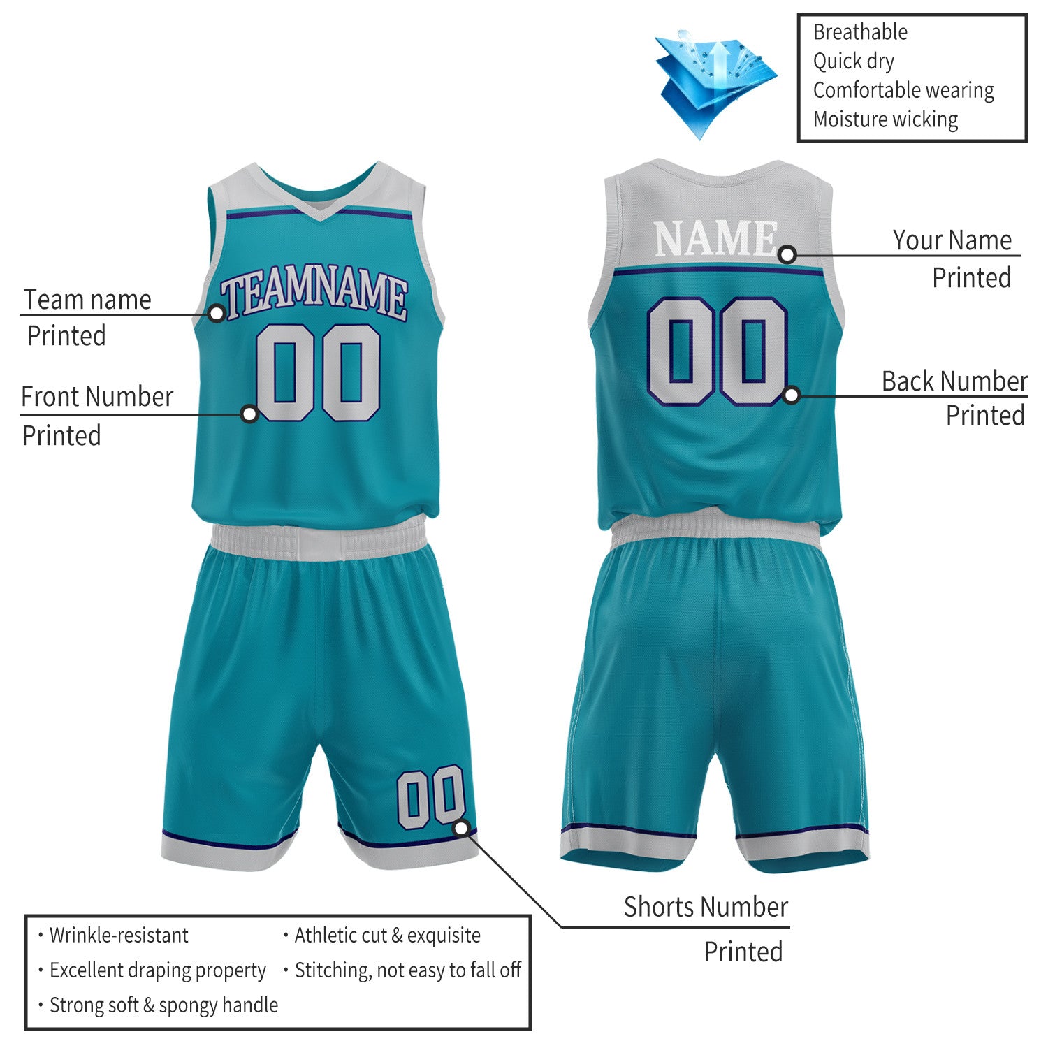 Custom Teal & Light Gray Double Sided Basketball Jersey Set | Wholesale Team Uniform