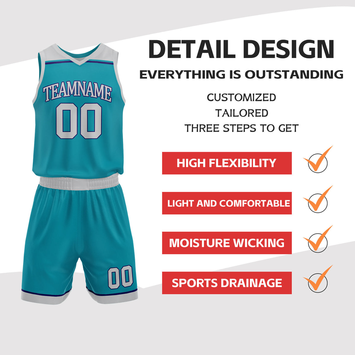 Custom Teal & Light Gray Double Sided Basketball Jersey Set | Wholesale Team Uniform