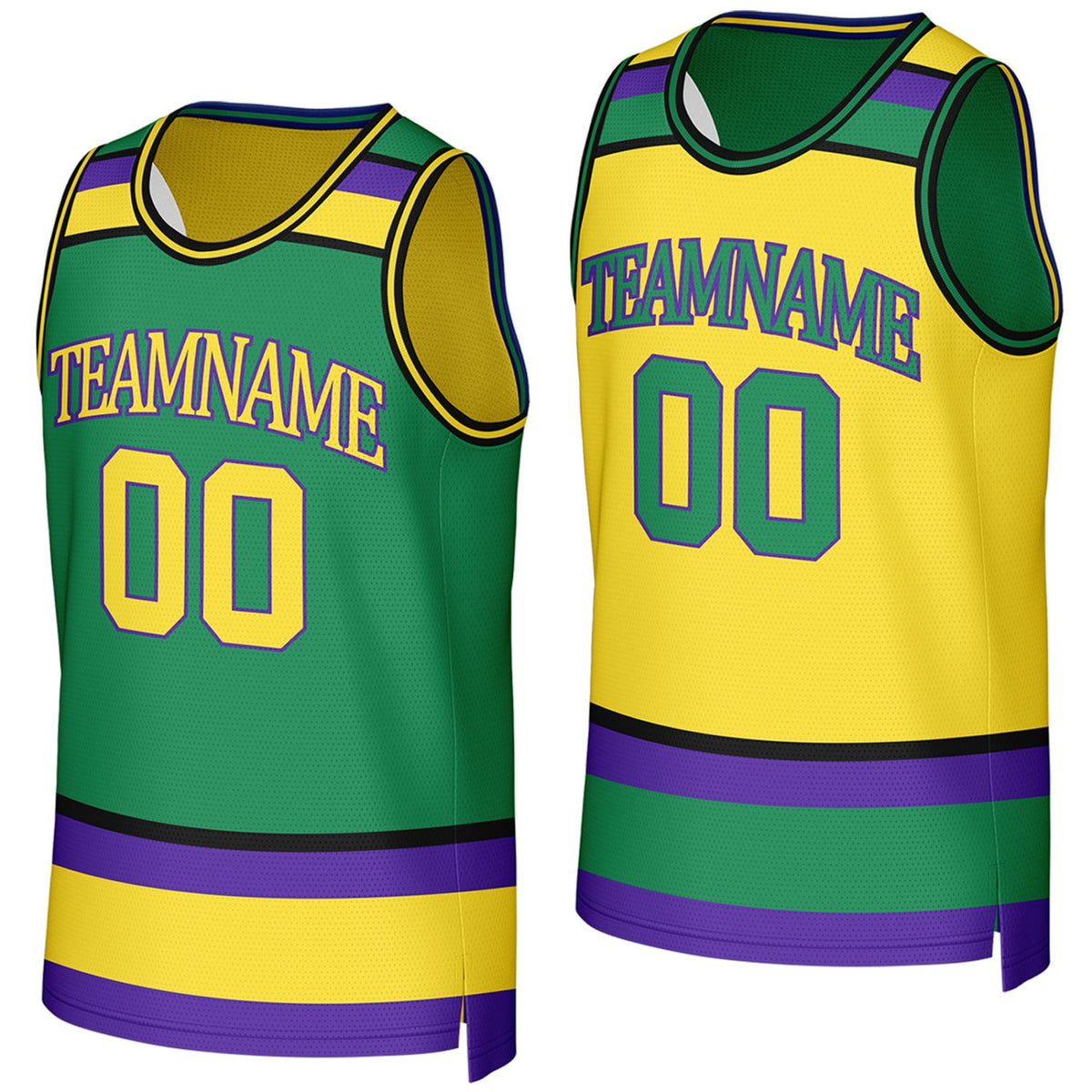 custom adult league basketball jerseys green yellow reversible by Vosoli, Personalized team name, number &amp; logo.