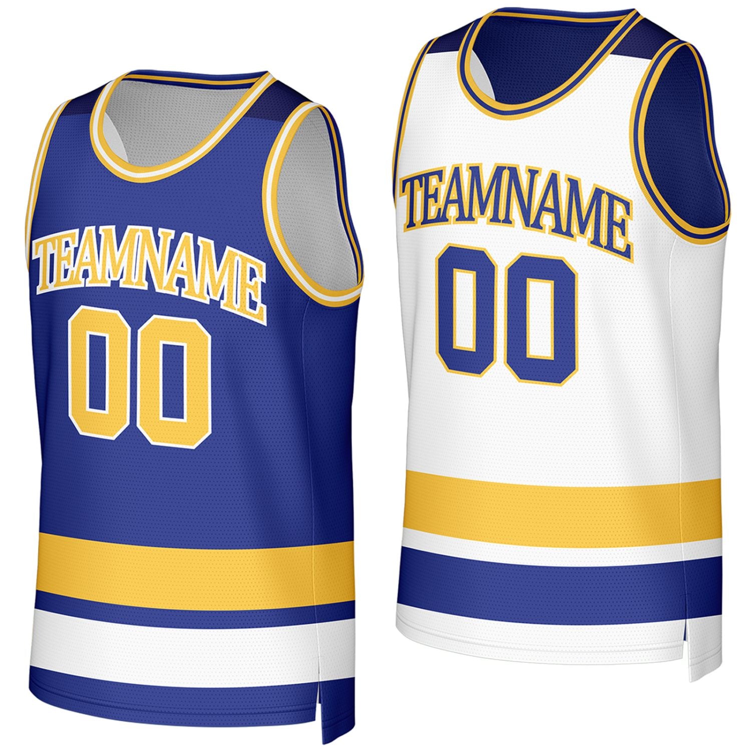 custom adult league basketball jerseys navy gold reversible by Vosoli, Personalized team name, number & logo.