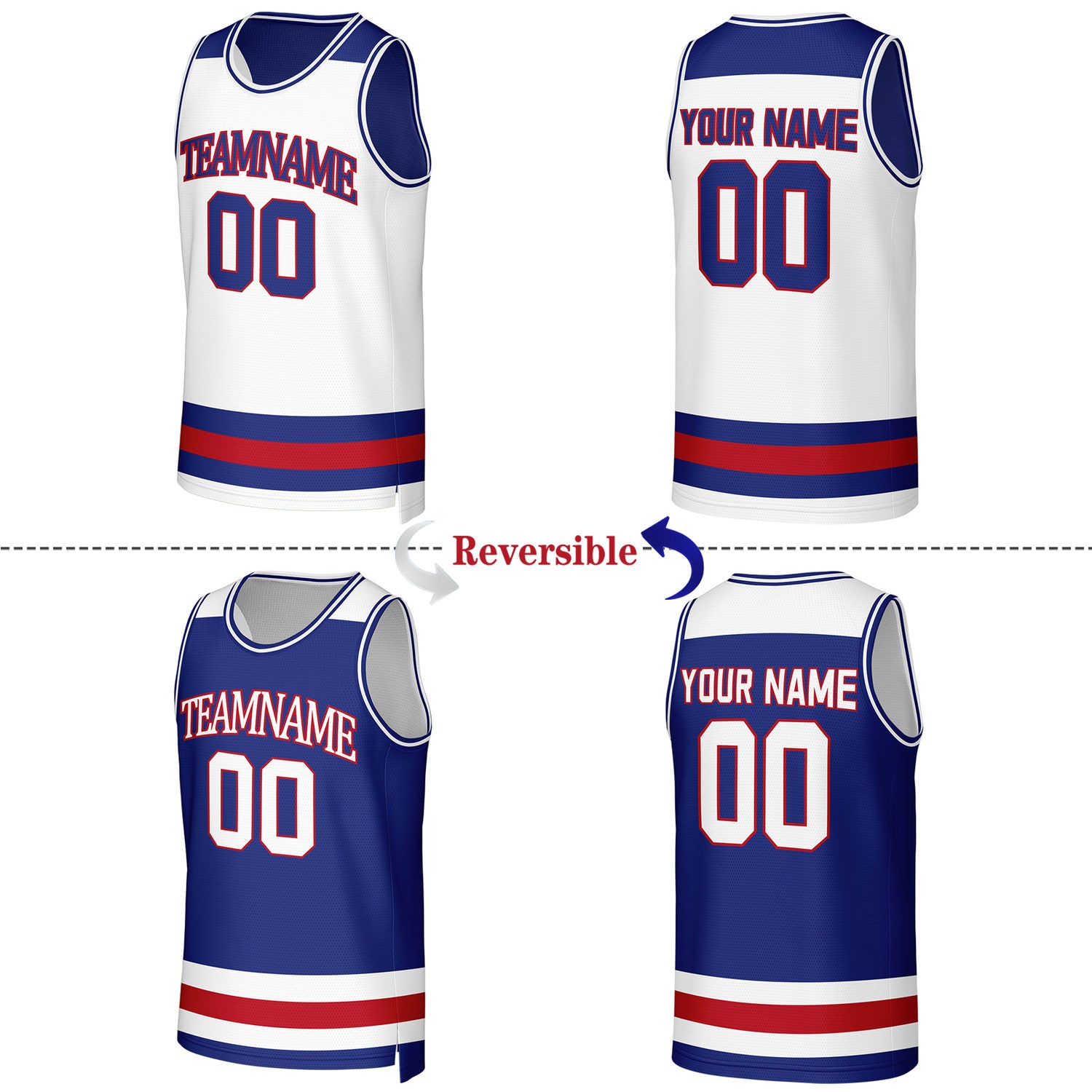 Custom White & Royal Blue Striped Reversible Basketball Jersey | Personalized Team Jerseys with Name, Number & Logo