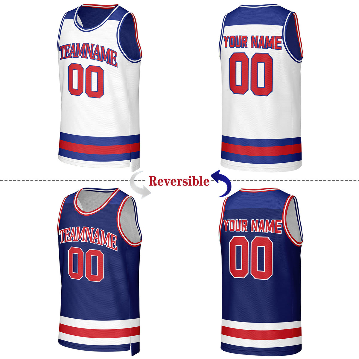 Custom White & Royal Blue Striped Reversible Basketball Jersey | Personalized Team Jerseys with Name, Number & Logo