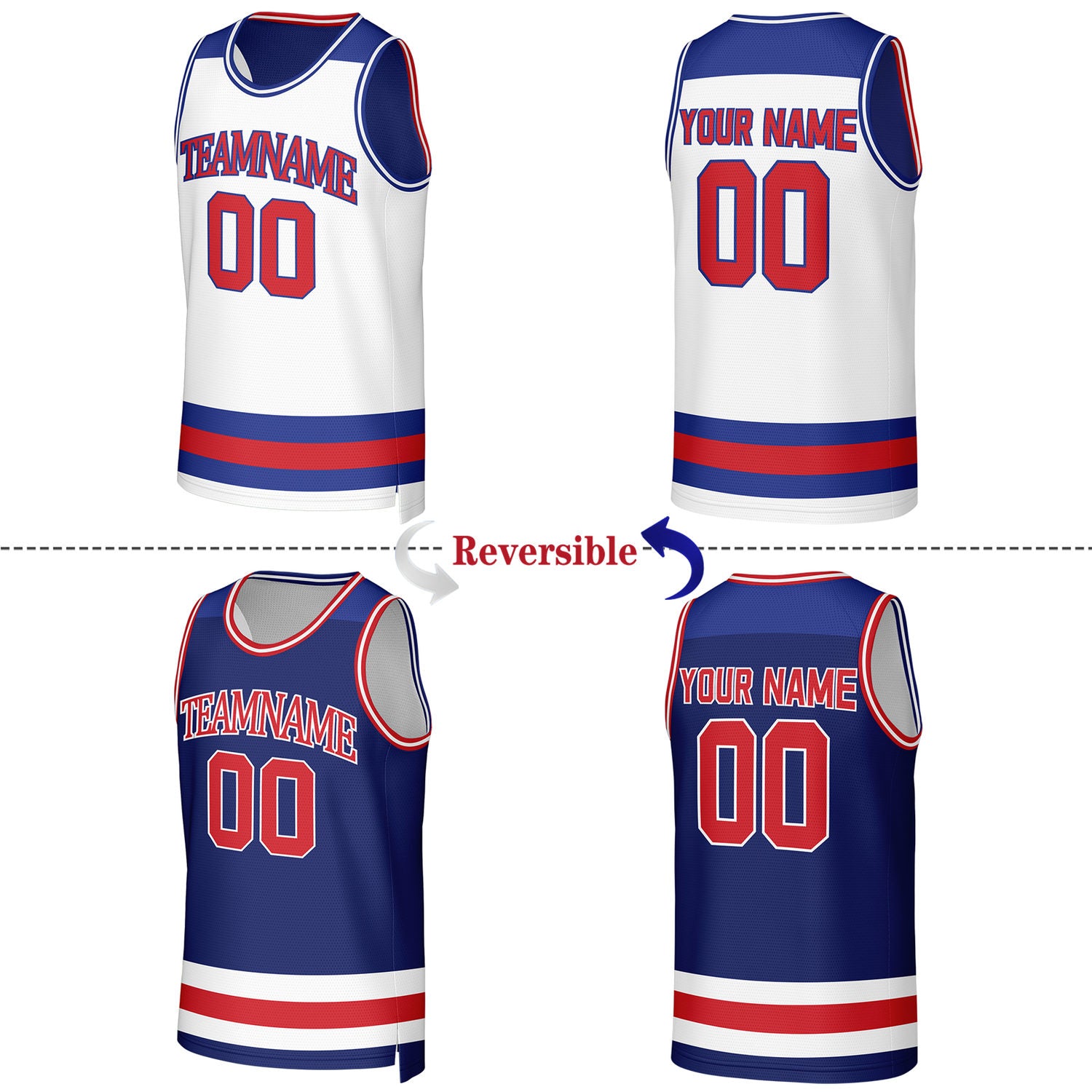 Custom White & Royal Blue Striped Reversible Basketball Jersey | Personalized Team Jerseys with Name, Number & Logo