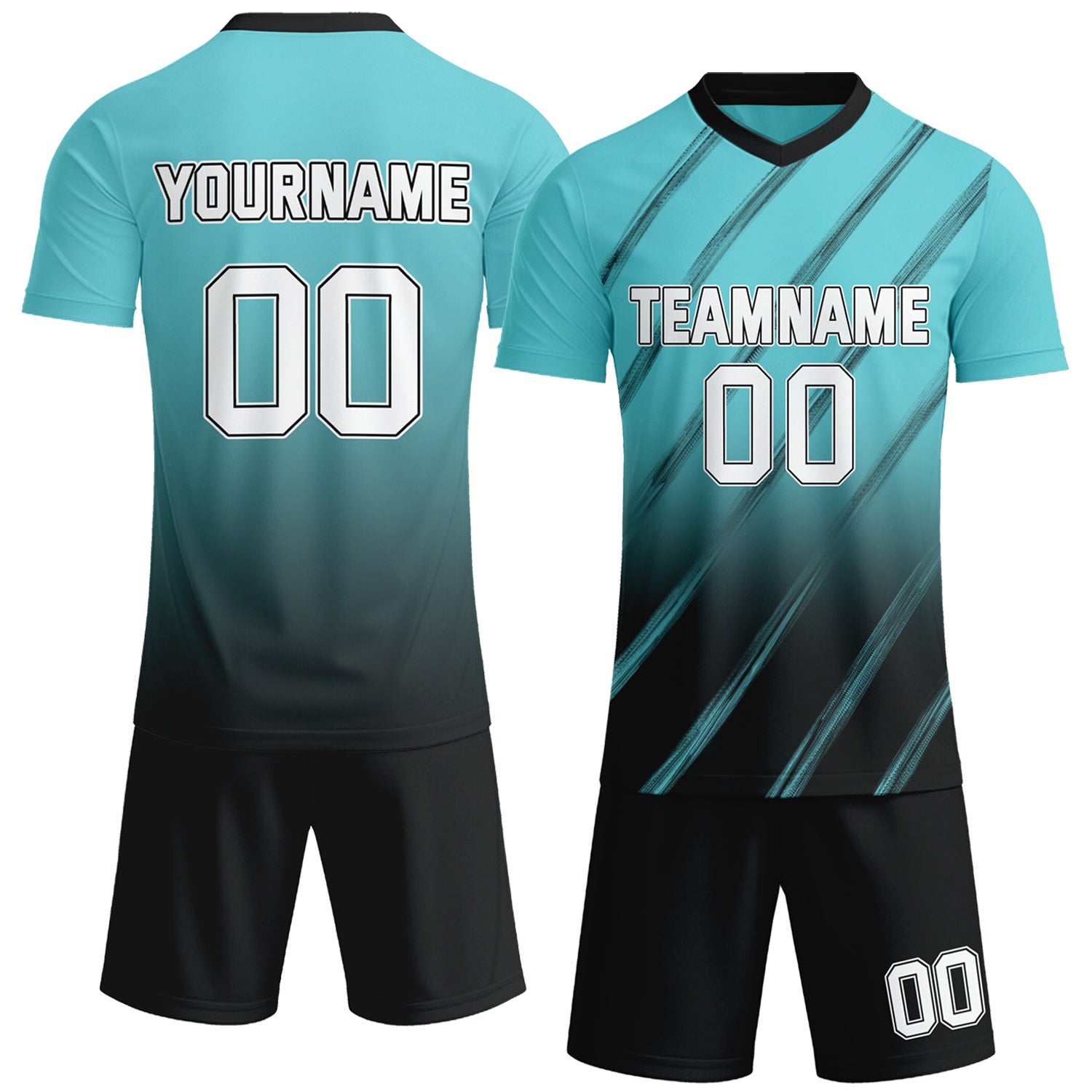 Custom aqua blue & black gradient soccer jersey set, personalized name number team logo, short-sleeve jersey with matching shorts sports uniform for men women youth adult game practice - Vosoli