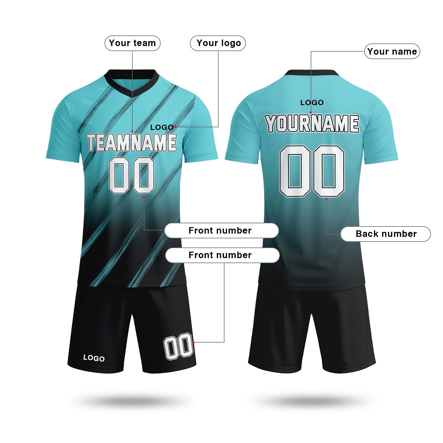 Custom aqua blue & black gradient soccer jersey set, personalized name number team logo, short-sleeve jersey with matching shorts sports uniform for men women youth adult game practice - Vosoli