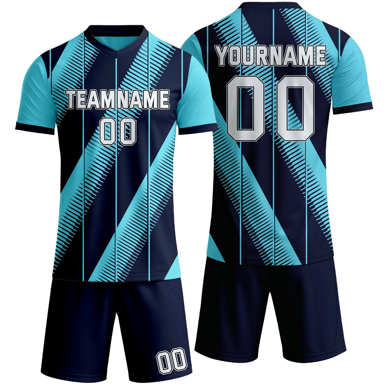 Custom aqua blue & navy diagonal stripe soccer jersey set, personalized name number team logo, short-sleeve jersey with matching shorts sports uniform for men women youth adult game practice - Vosoli