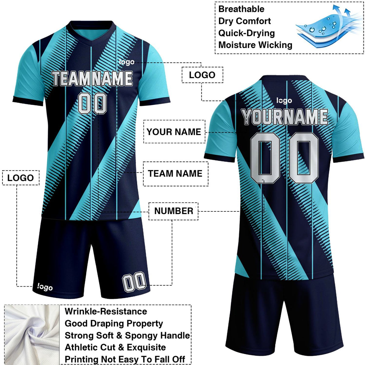 Custom Aqua Blue & Navy Diagonal Stripe Soccer Jersey Set | Personalized Team Uniform | Vosoli