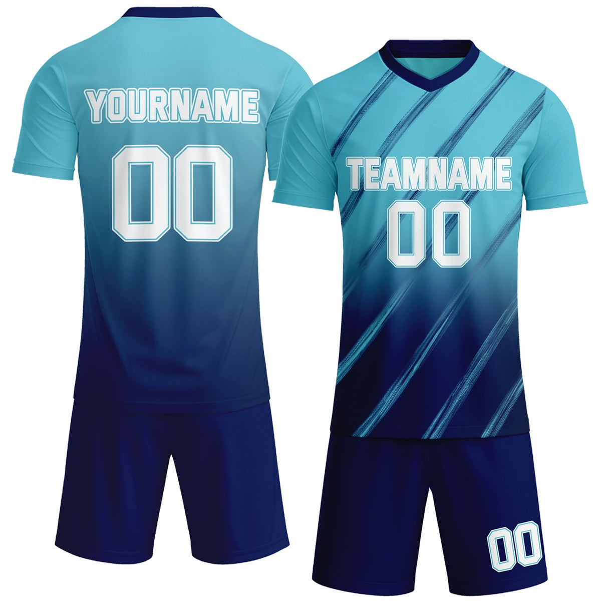 Custom aqua blue &amp; navy gradient soccer jersey set, personalized name number team logo, short-sleeve jersey with matching shorts sports uniform for men women youth adult game practice - Vosoli