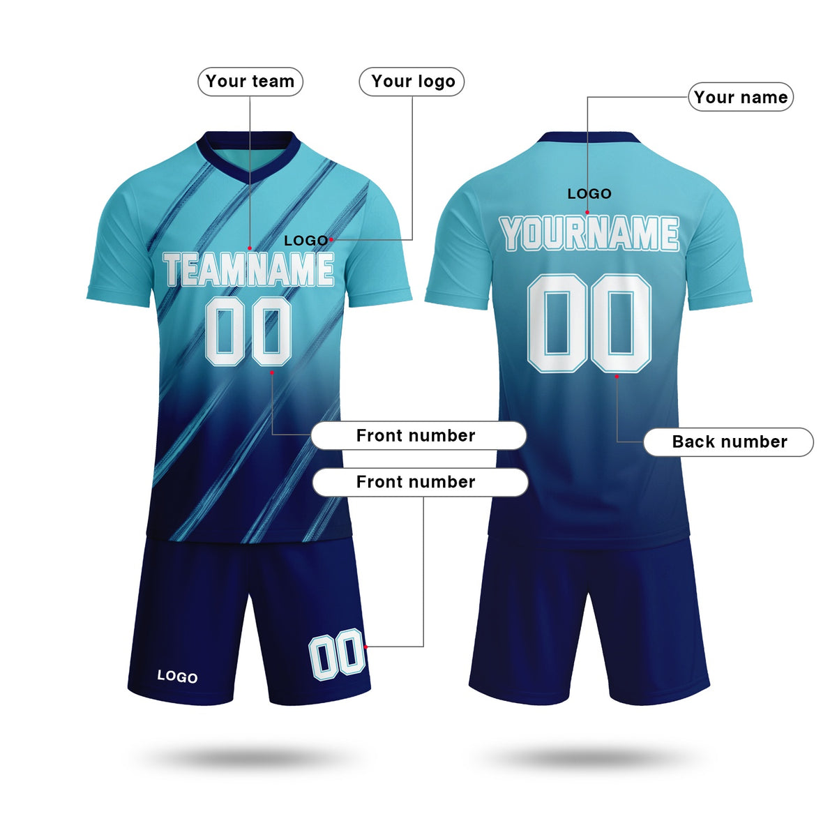 Custom Aqua Blue & Navy Gradient Soccer Jersey Set | Personalized Team Uniform | Vosoli