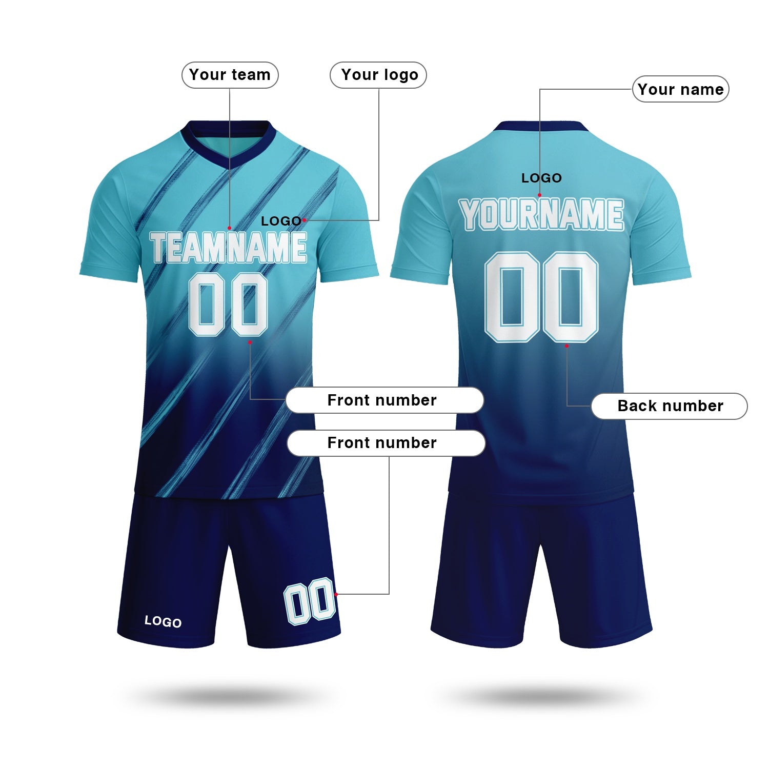 Custom aqua blue & navy gradient soccer jersey set, personalized name number team logo, short-sleeve jersey with matching shorts sports uniform for men women youth adult game practice - Vosoli