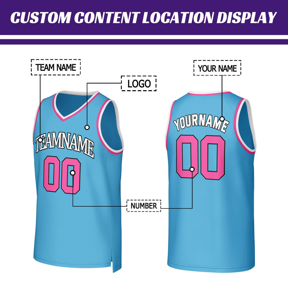 Custom Aqua Blue & Pink Basketball Jersey | Personalized Name & Number Team Uniform