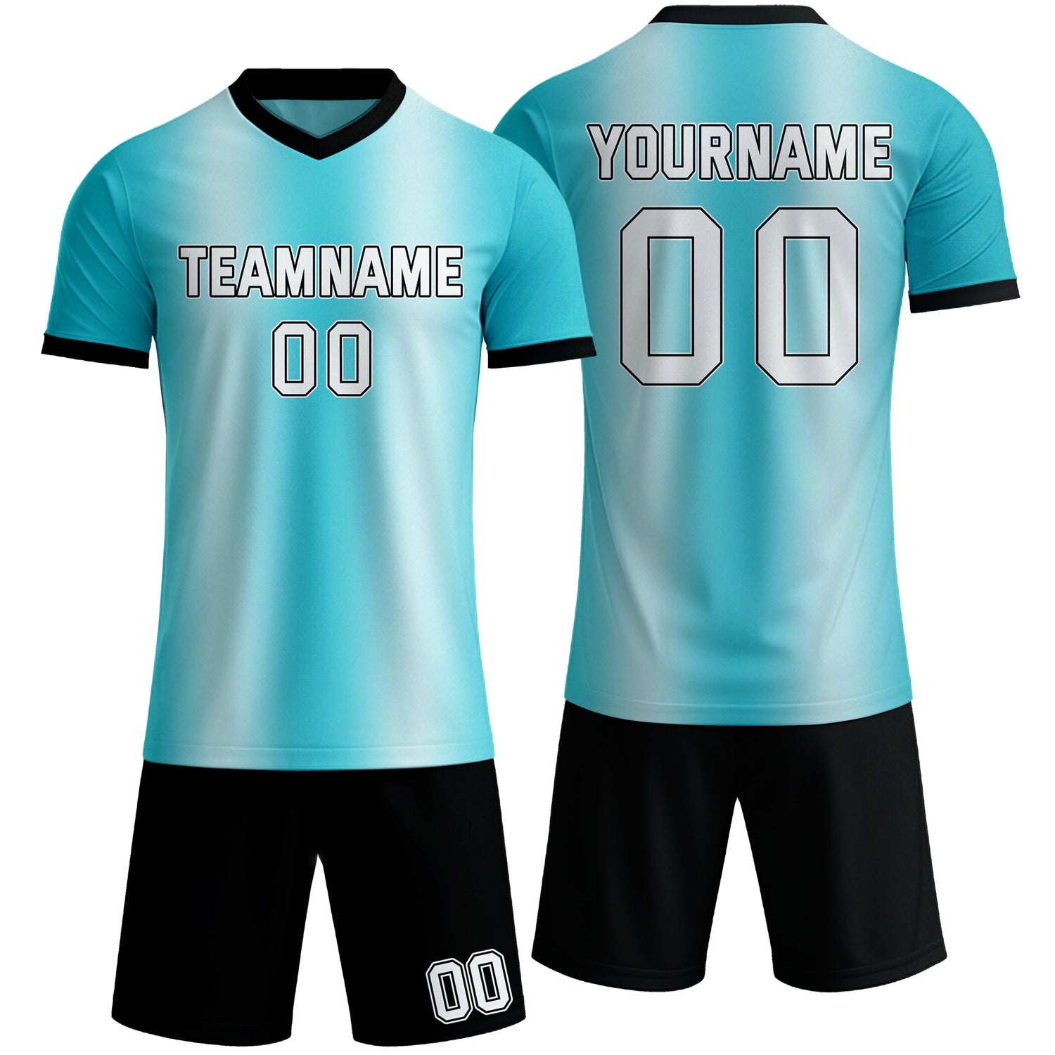 Custom aqua & white gradient soccer jersey set, personalized name number team logo, short-sleeve jersey with matching shorts sports uniform for men women youth adult game practice - Vosoli