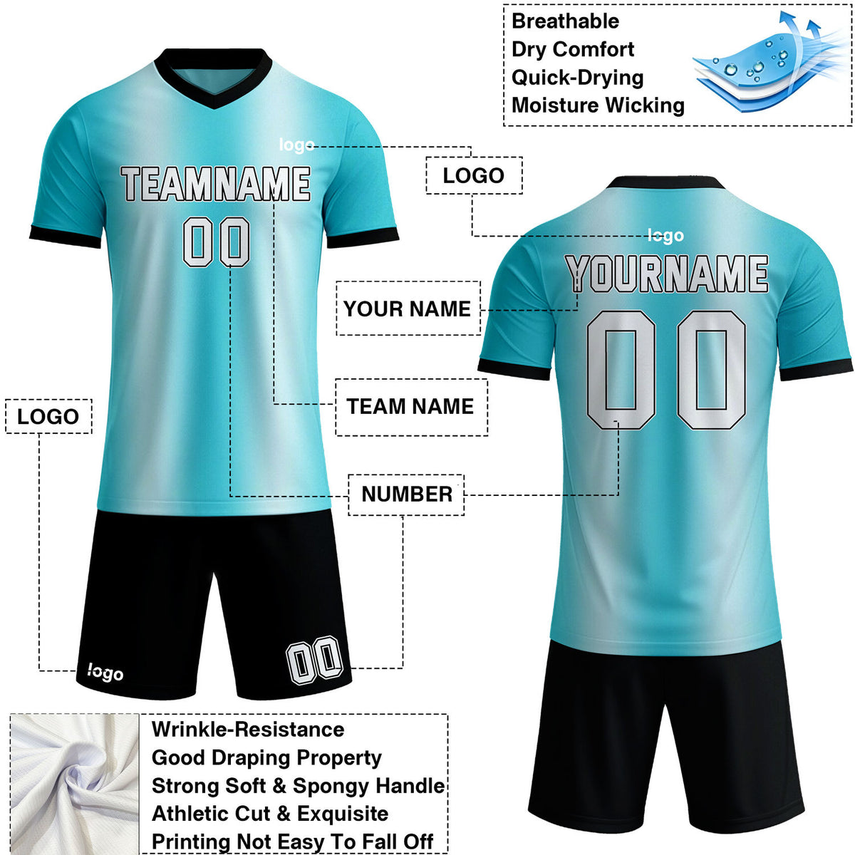 Custom Aqua & White Gradient Soccer Jersey Set | Personalized Team Uniform | Vosoli
