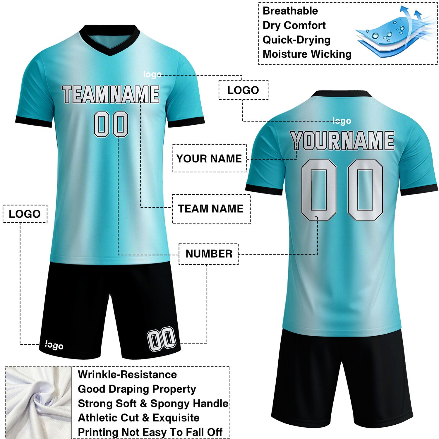 Custom aqua & white gradient soccer jersey set, personalized name number team logo, short-sleeve jersey with matching shorts sports uniform for men women youth adult game practice - Vosoli