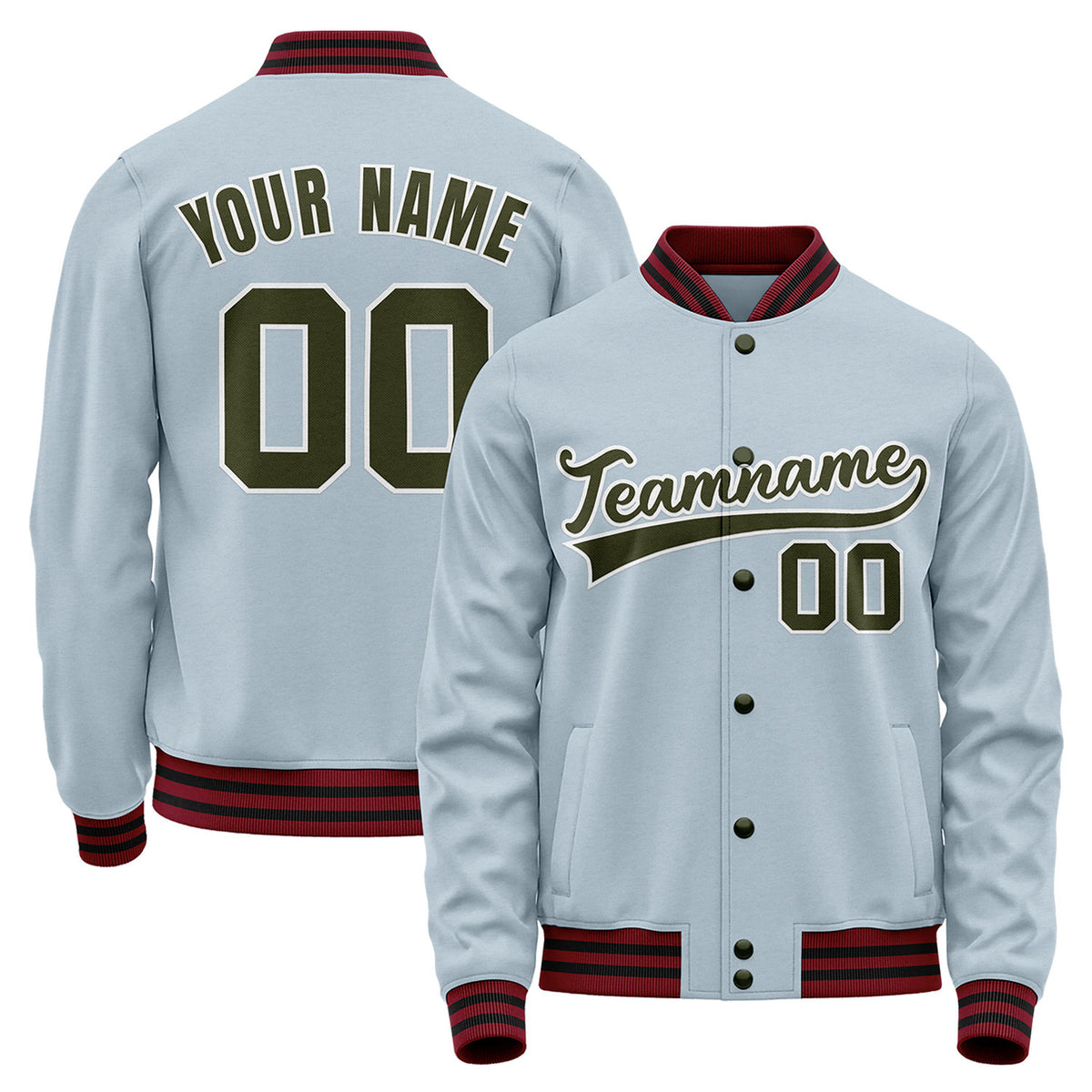 Custom baseball jacket for fall, ice blue varsity bomber jacket, personalized team name, player number and custom logo.