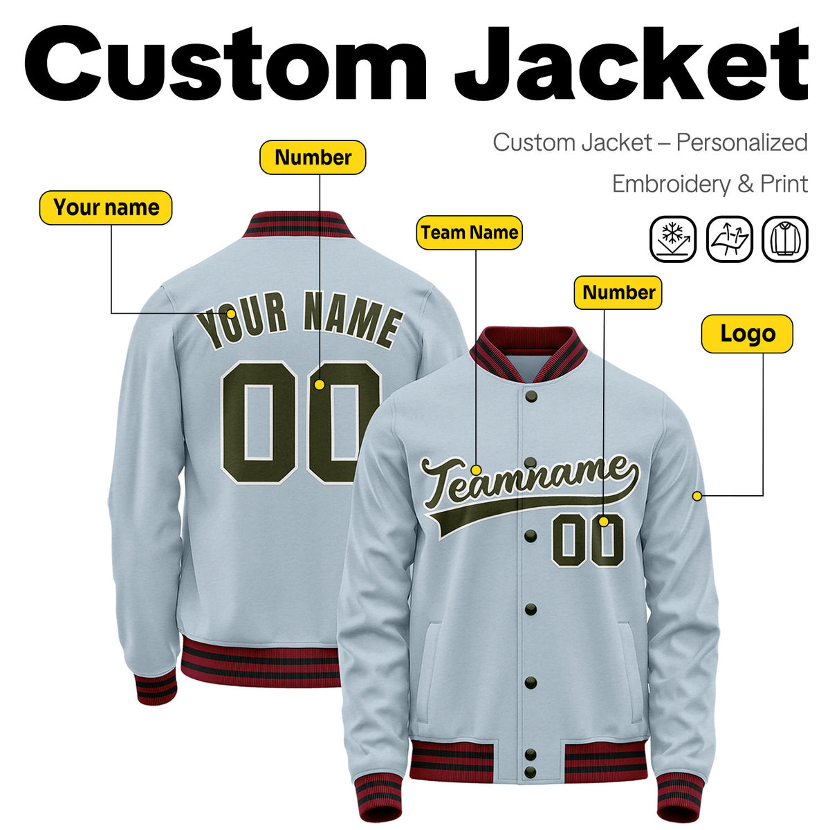 Custom Ice Blue Varsity Jacket | Personalized Baseball Bomber with Name, Number & Logo