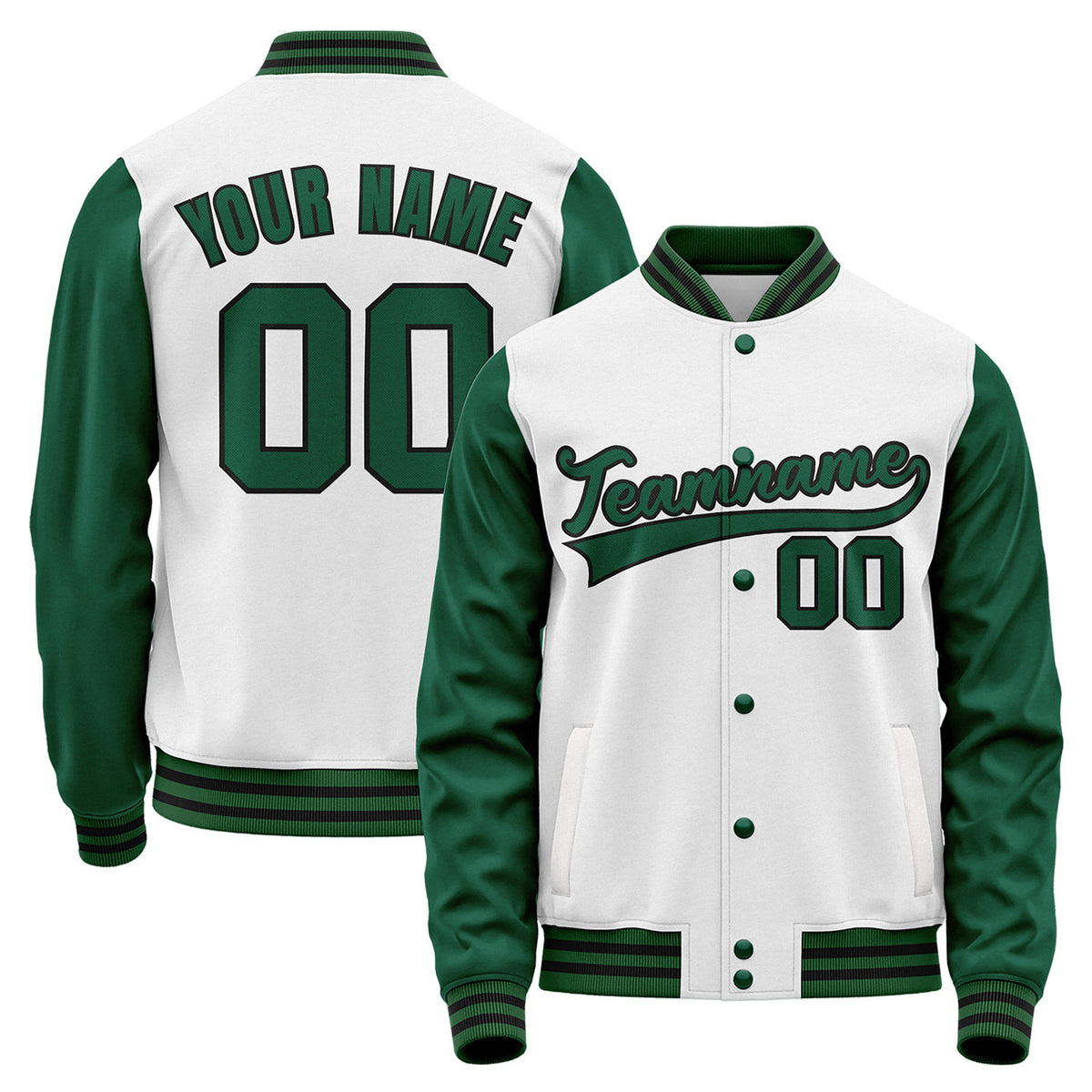 Custom baseball jacket low minimum, white and forest green varsity bomber jacket, personalized team name, player number and custom logo.