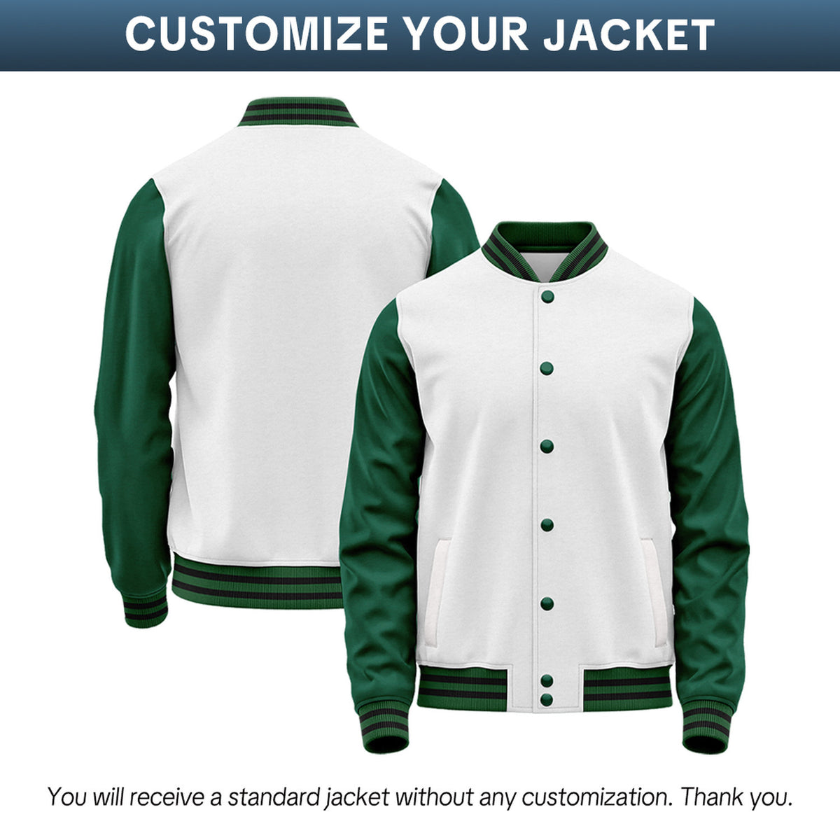 Custom White & Forest Green Two-Tone Varsity Jacket | Personalized Baseball Bomber with Name, Number & Logo