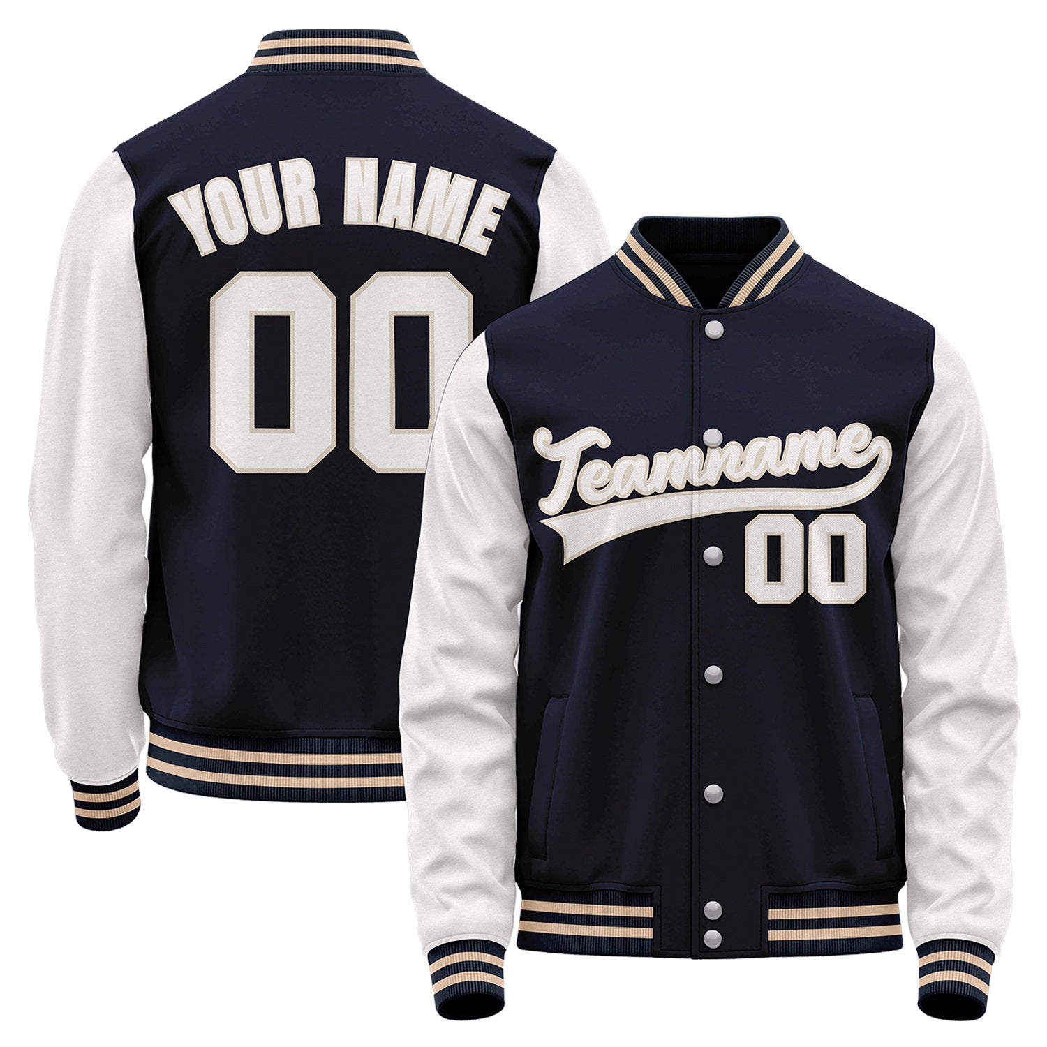 Custom baseball jacket manufacturer, navy and white varsity bomber jacket, personalized stitched team name, player number and custom logo.