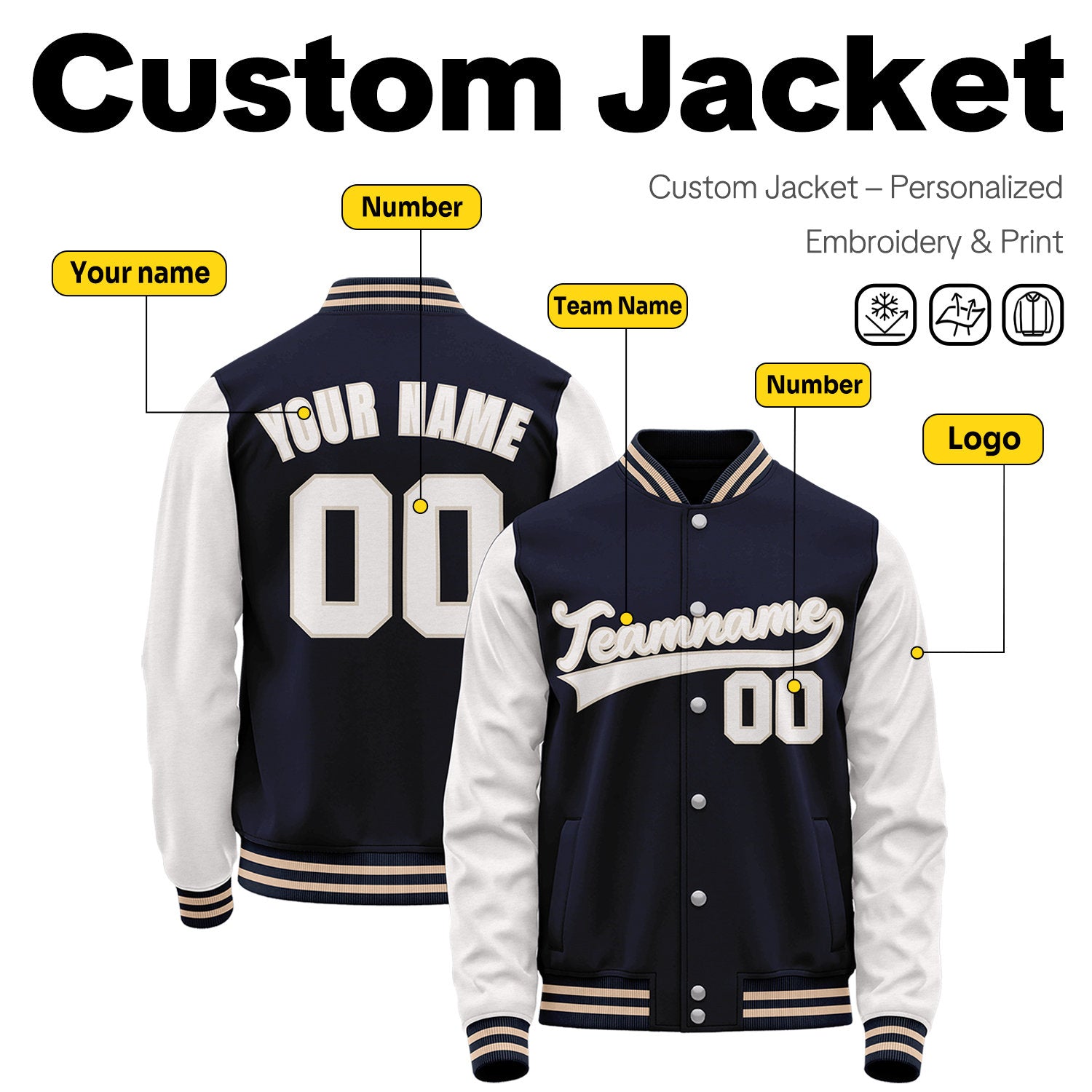Custom Navy & White Two-Tone Varsity Jacket | Personalized Baseball Bomber with Name, Number & Logo