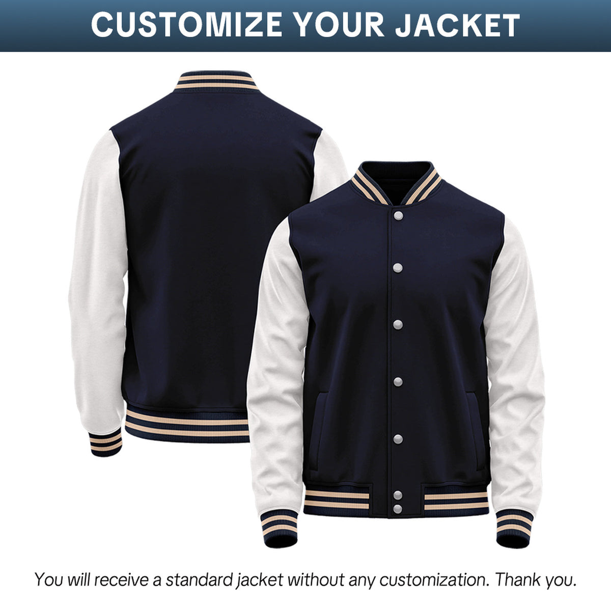 Custom Navy & White Two-Tone Varsity Jacket | Personalized Baseball Bomber with Name, Number & Logo