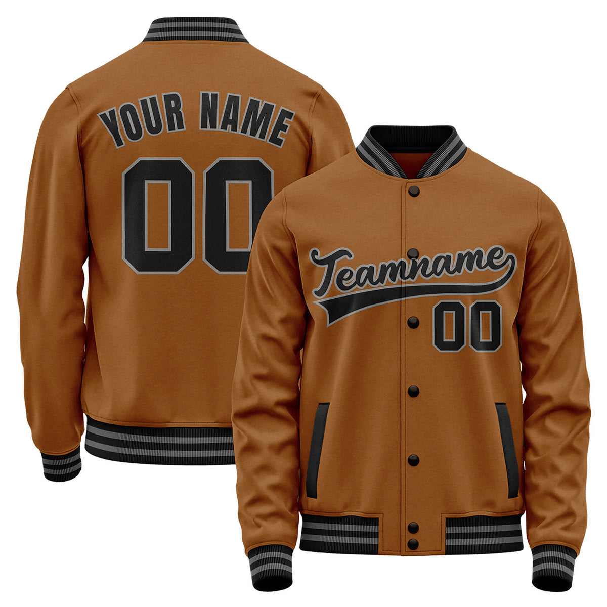 Custom baseball jacket wholesale, brown and black varsity bomber jacket, personalized team name, player number and custom logo.
