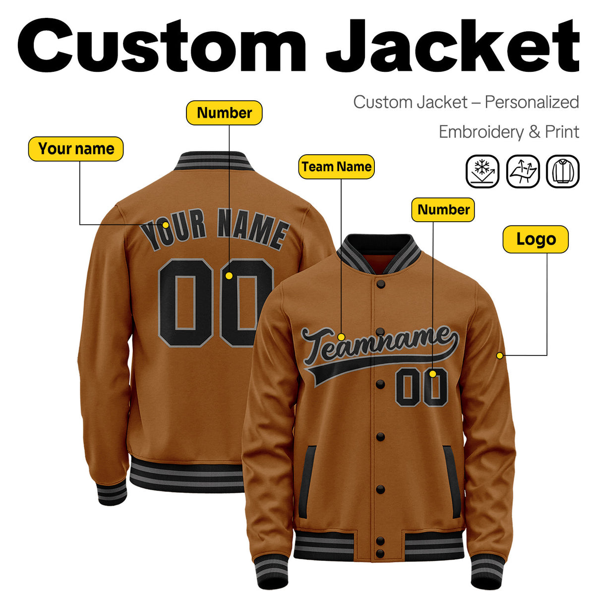 Custom Brown & Black Varsity Jacket | Personalized Baseball Bomber with Name, Number & Logo