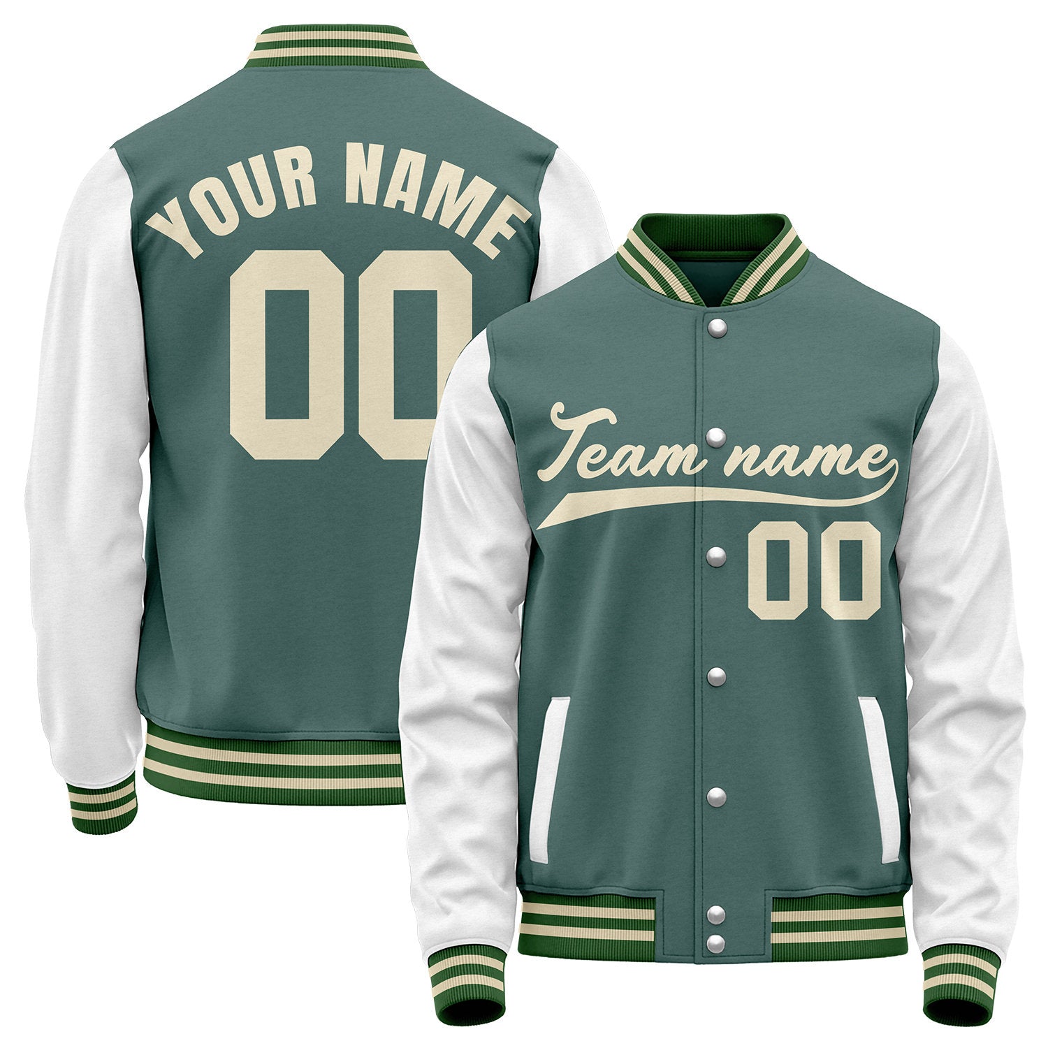 Custom baseball jackets bulk, sage green and white varsity letterman bomber jacket, custom team name, player number and logo.