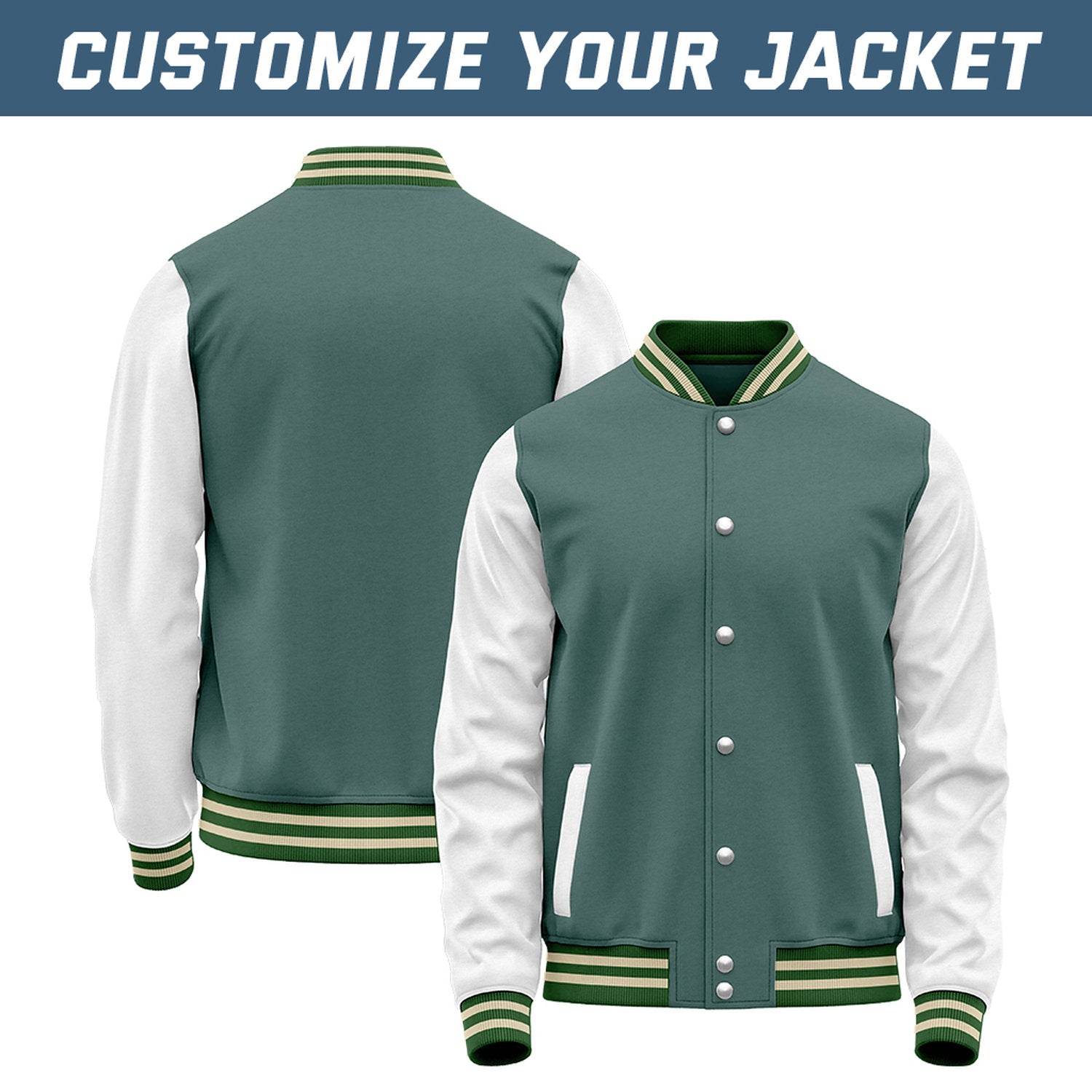 Custom Sage Green & White Baseball Bomber Jacket | Retro Collegiate Varsity & Letterman