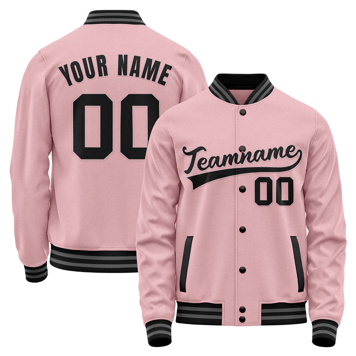 Custom baseball jackets for girl, light pink varsity bomber jacket, personalized team name, player number and custom logo.