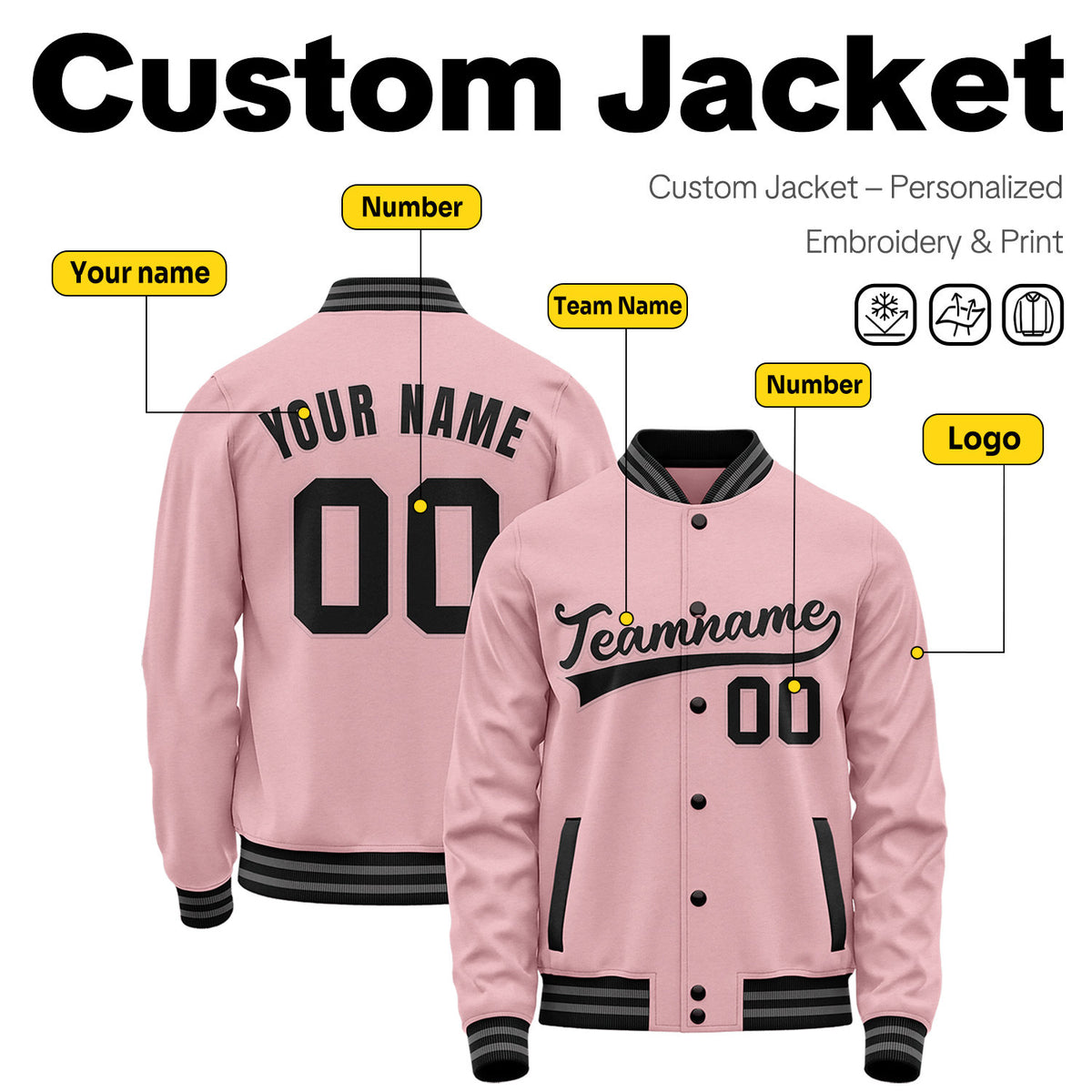 Custom Light Pink Varsity Jacket | Personalized Baseball Bomber with Name, Number & Logo