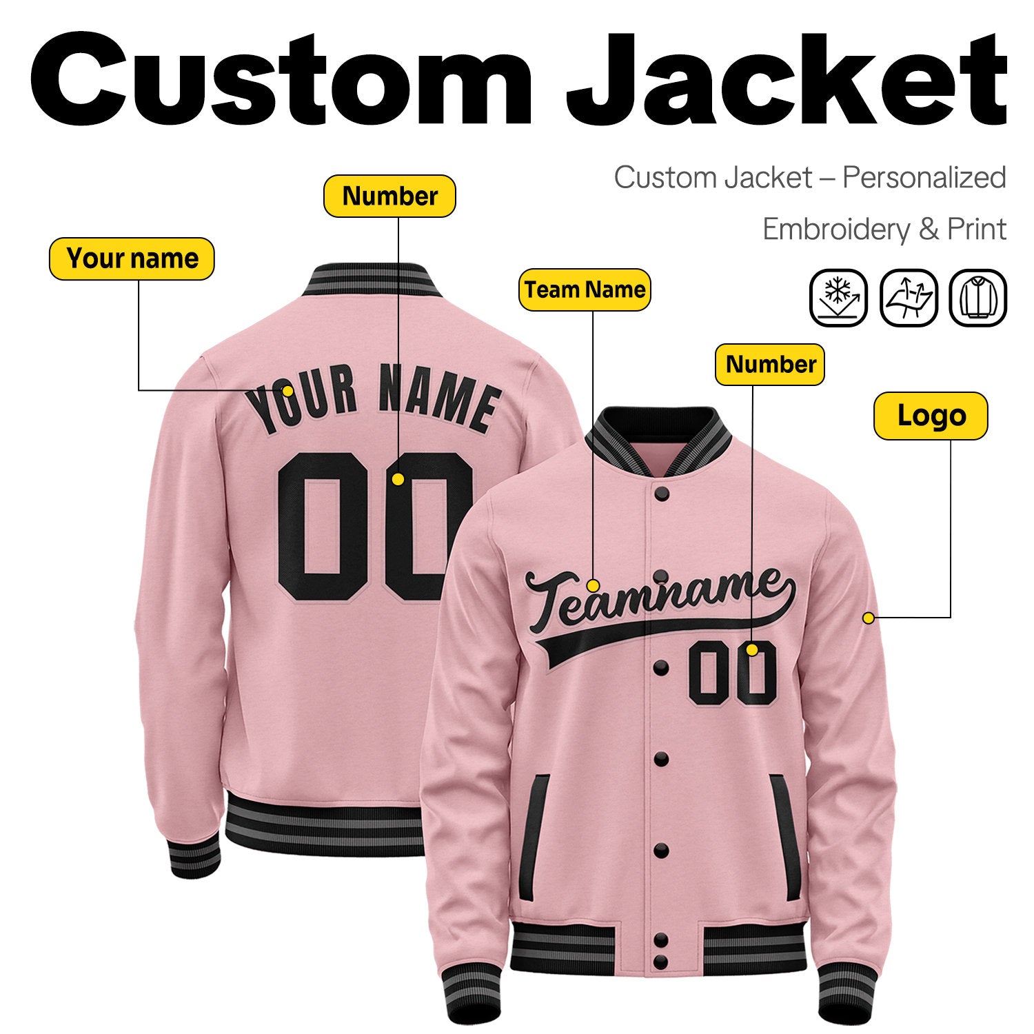Custom Light Pink Varsity Jacket | Personalized Baseball Bomber with Name, Number & Logo