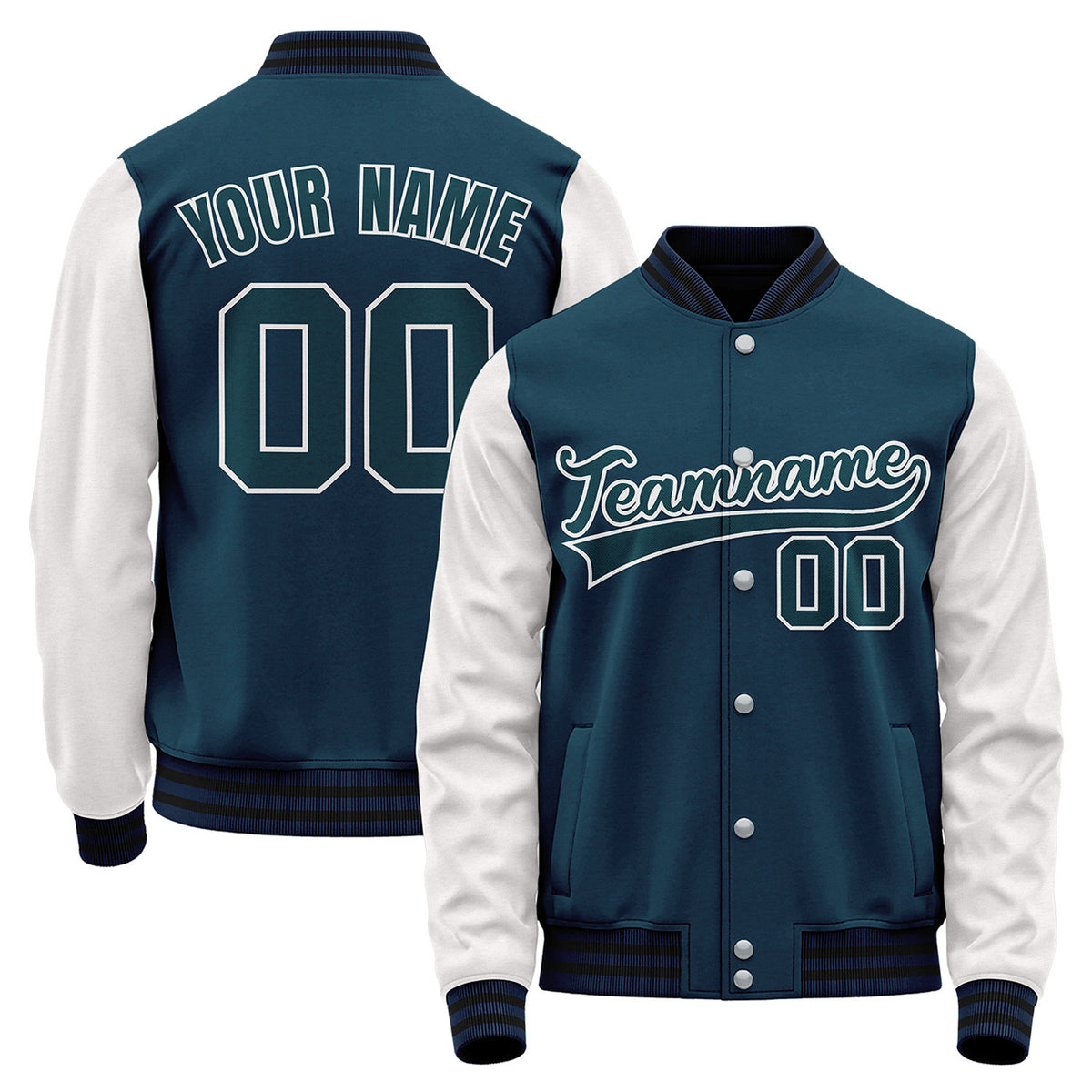Custom baseball jackets for small baseball teams, teal and white varsity bomber jacket, personalized team name, player number and custom logo.