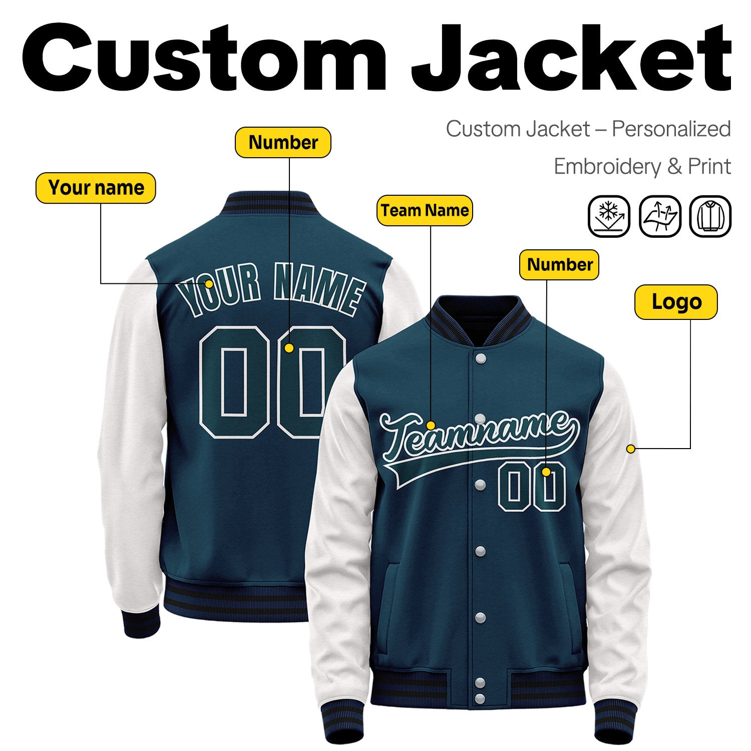 Custom Teal & White Two-Tone Varsity Jacket | Personalized Baseball Bomber with Name, Number & Logo