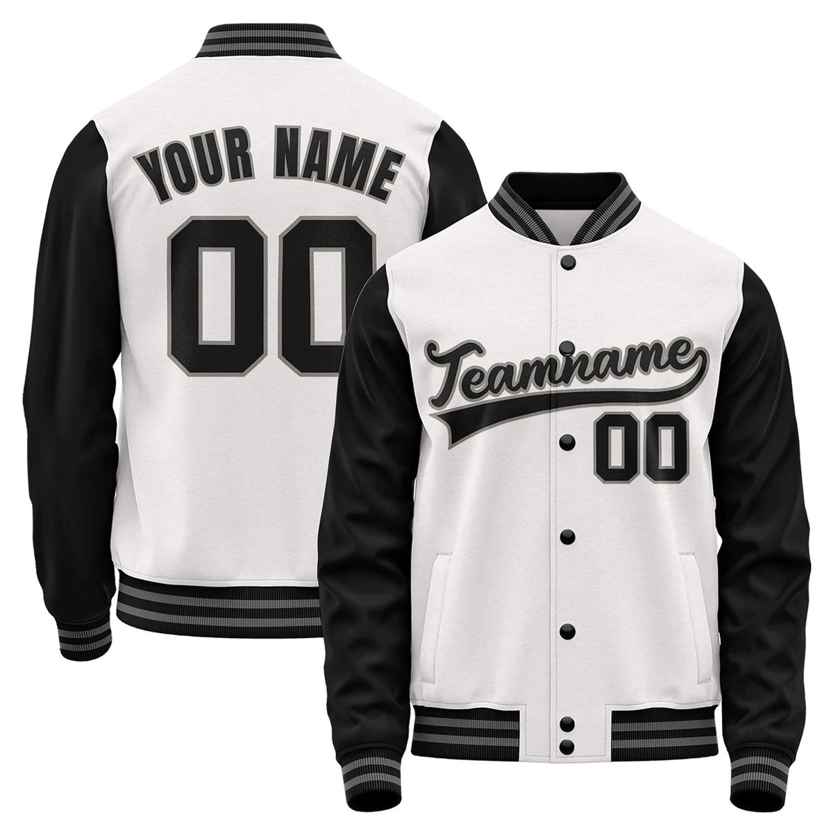 Custom baseball jackets for small teams, white and black varsity bomber jacket, personalized team name, player number and custom logo.