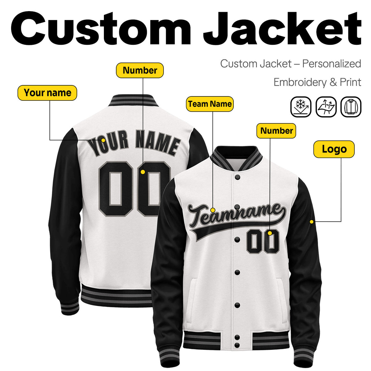 Custom White & Black Two-Tone Varsity Jacket | Personalized Baseball Bomber with Name, Number & Logo