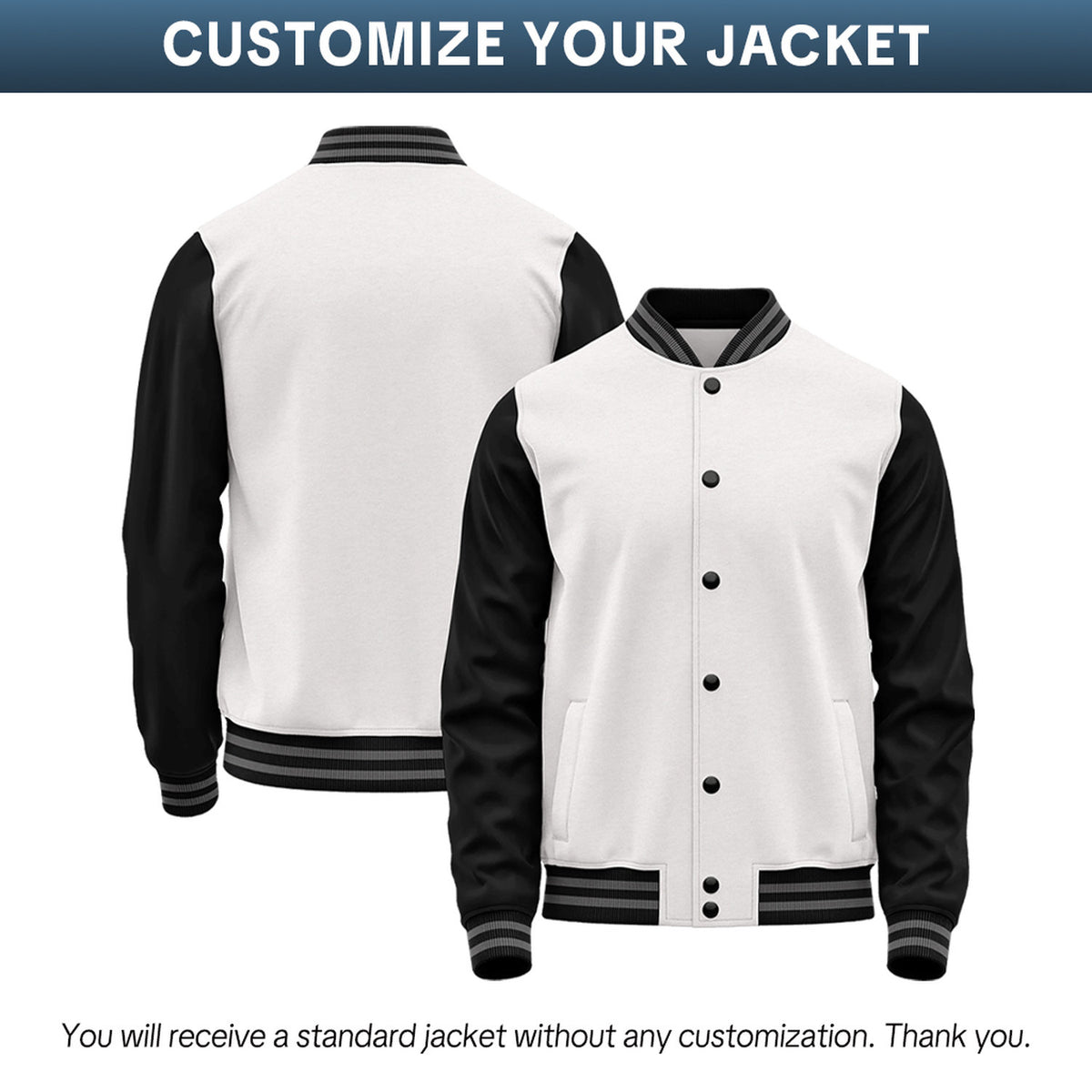 Custom White & Black Two-Tone Varsity Jacket | Personalized Baseball Bomber with Name, Number & Logo