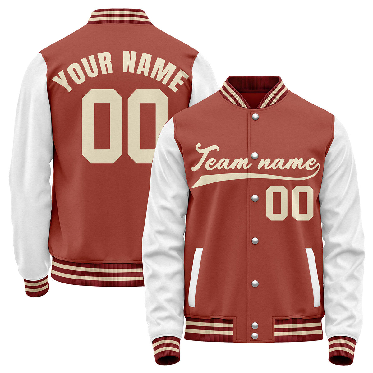 Custom baseball jackets for teams bulk, rust red and white varsity letterman bomber jacket, personalized team name, player number and logo.