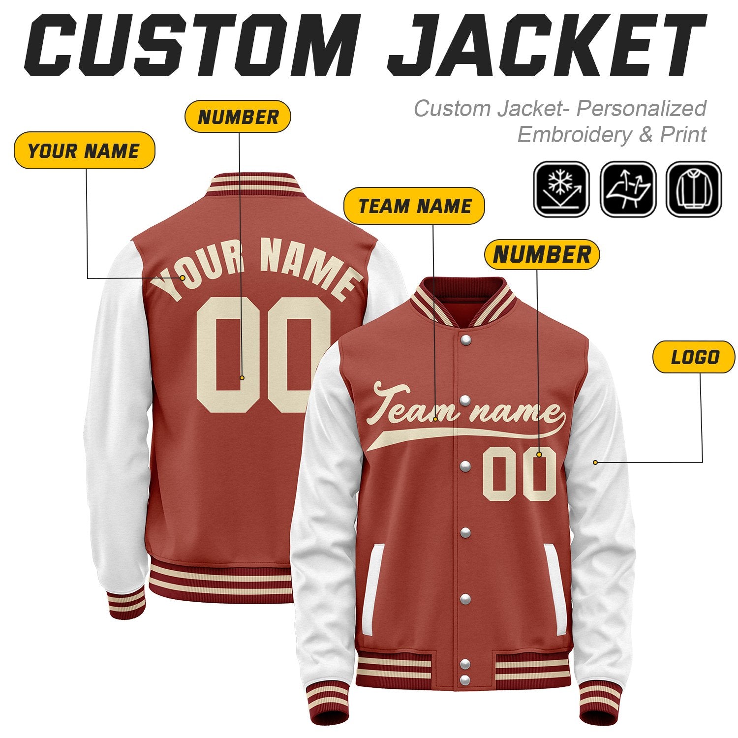 Custom Rust Red & White Baseball Bomber Jacket | Retro Collegiate Varsity & Letterman