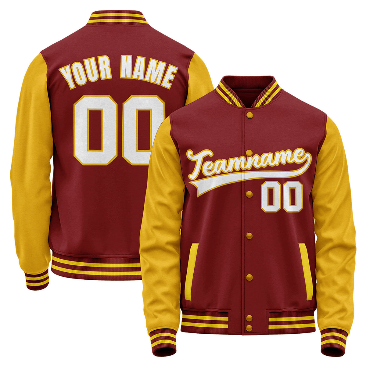 Custom baseball jackets, maroon and gold varsity bomber jacket, personalized stitched team name, player number and custom logo.