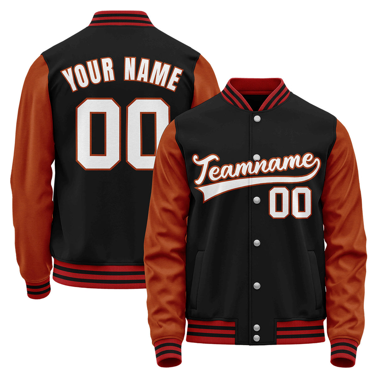 Custom baseball jackets no minimum, black and rust red varsity bomber jacket, personalized team name, player number and custom logo.