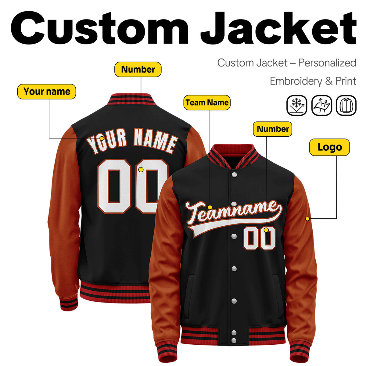 Custom Black & Rust Red Two-Tone Varsity Jacket | Personalized Baseball Bomber with Name, Number & Logo