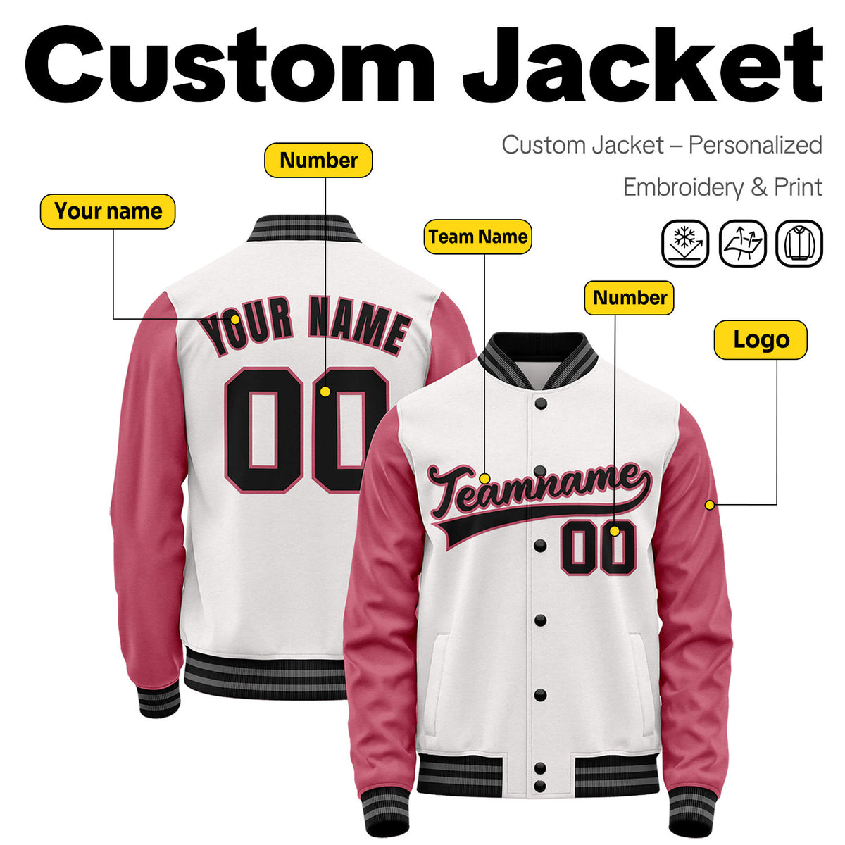 Custom White & Rose Two-Tone Varsity Jacket | Personalized Baseball Bomber with Name, Number & Logo