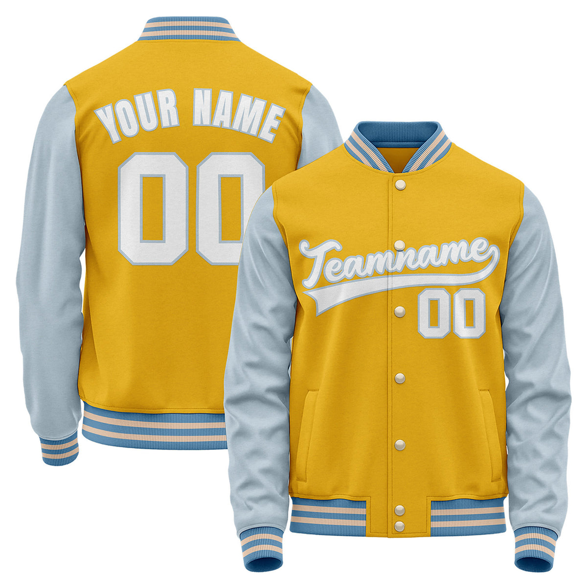 Custom baseball jackets no minimum, yellow and light blue varsity bomber jacket, personalized team name, player number and custom logo.