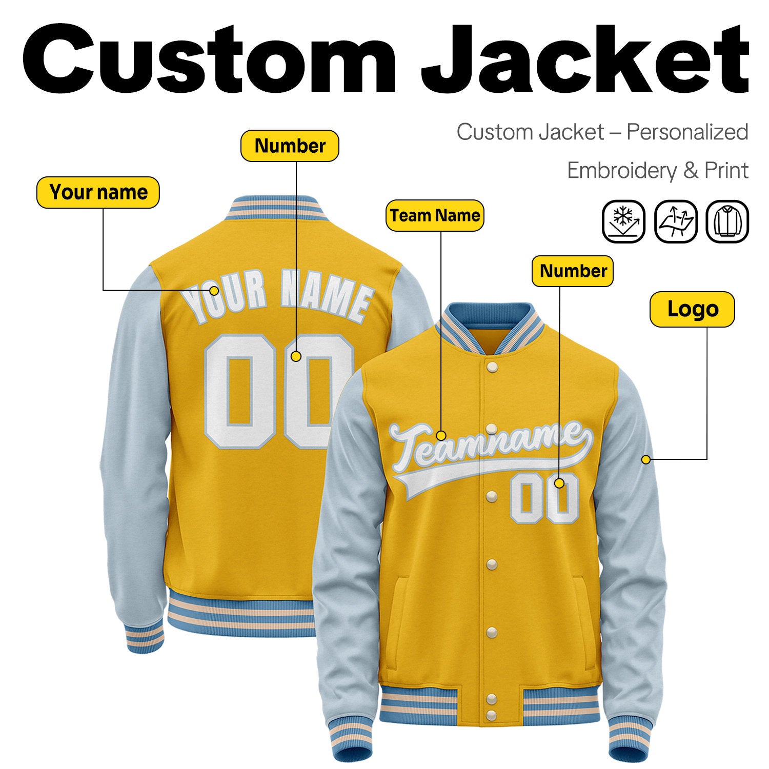 Custom Yellow & Light Blue Two-Tone Varsity Jacket | Personalized Baseball Bomber with Name, Number & Logo