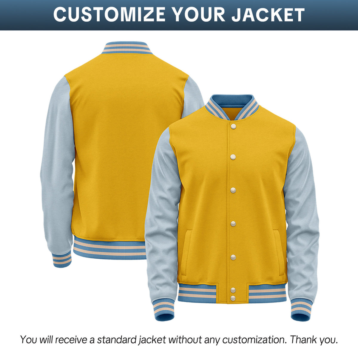 Custom Yellow & Light Blue Two-Tone Varsity Jacket | Personalized Baseball Bomber with Name, Number & Logo