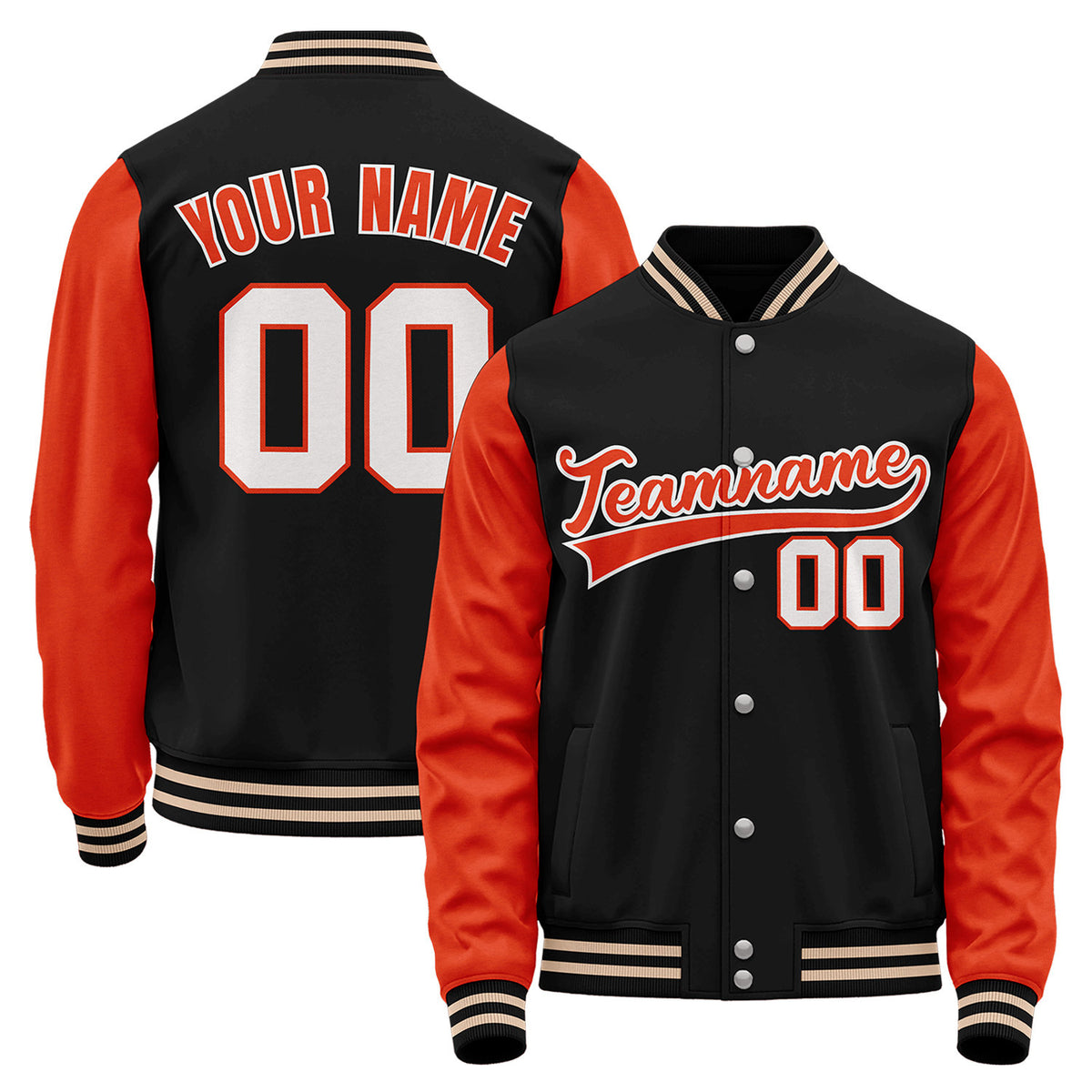 Custom baseball team jacket manufacturer, black and orange varsity bomber jacket, personalized team name, player number and custom logo.