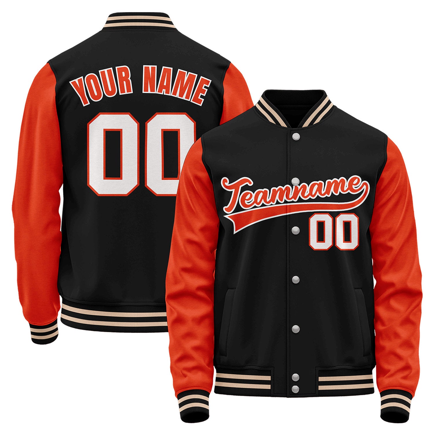 Custom baseball team jacket manufacturer, black and orange varsity bomber jacket, personalized team name, player number and custom logo.